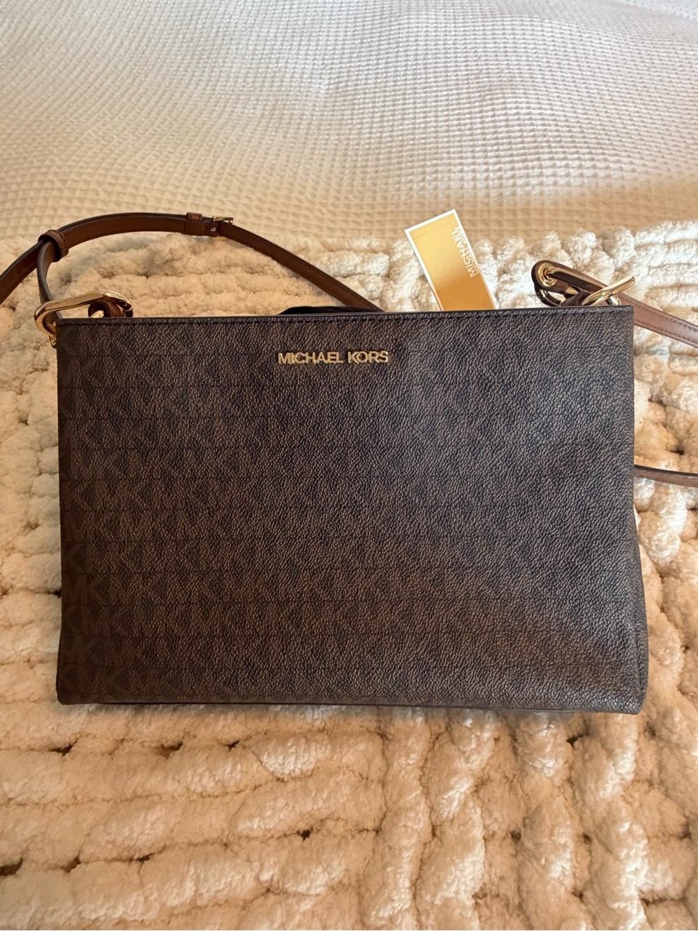 Michael Kors Dark Brown Signature Slim Crossbody with Gold Logo